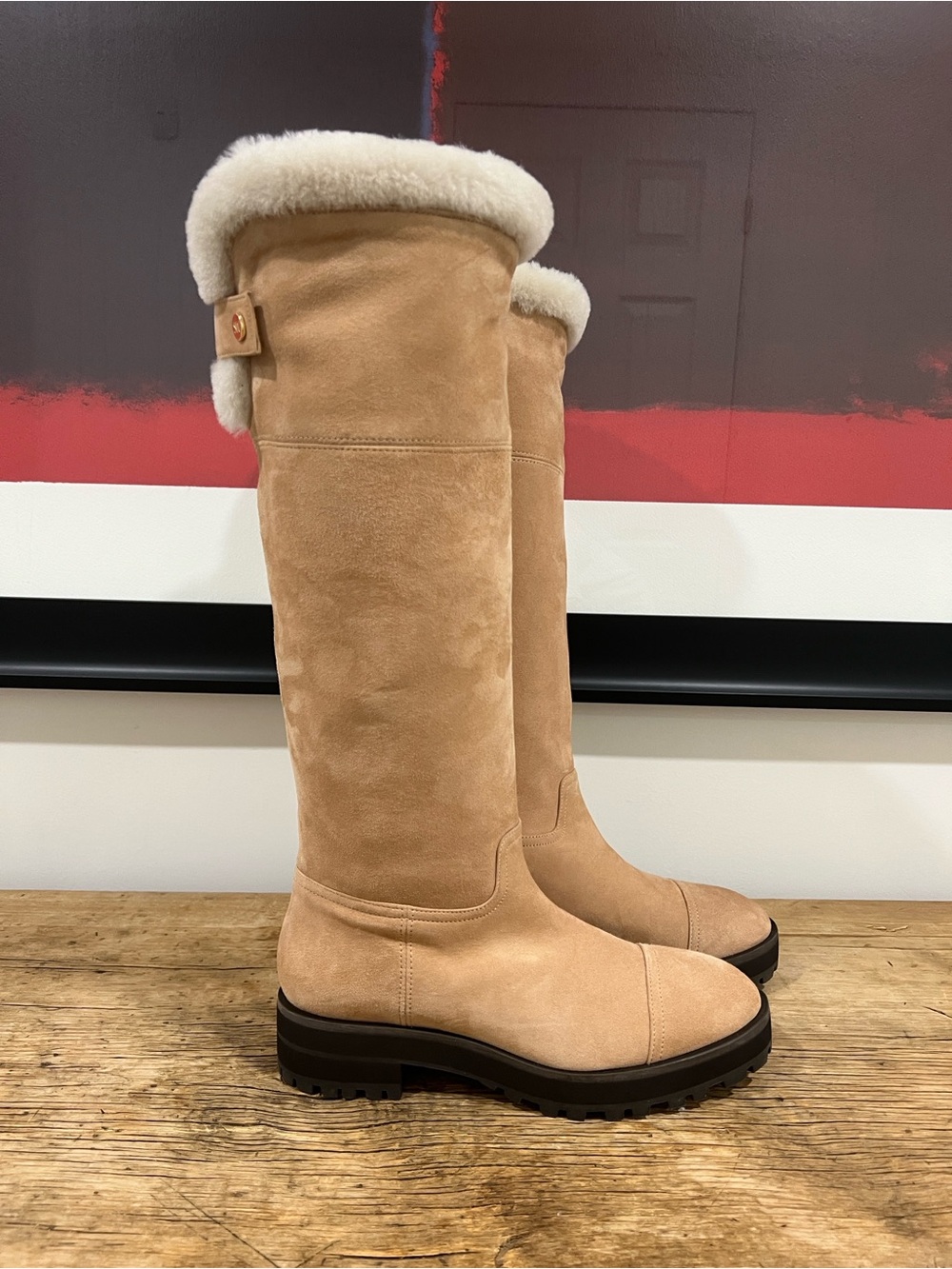 New! Stuart Weitzman Tall Shearling-Trim Suede Boots in Tan EU38